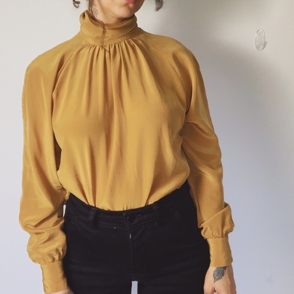 Vintage Tops - VINTAGE Silk Mock Neck Marigold Back Button Blouse
